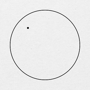 Black outline of circle with a small black dot in the upper left hand corner within the circle on light grey background.