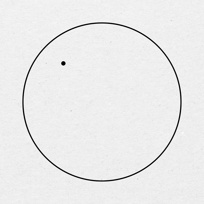 Black outline of circle with a small black dot in the upper left hand corner within the circle on light grey background.