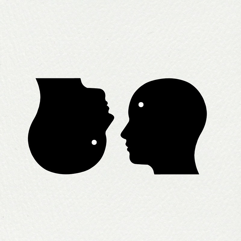 Image in black outline of two human heads facing each other with a white sot in the temple of each head. One is upside down. On a light grey background.